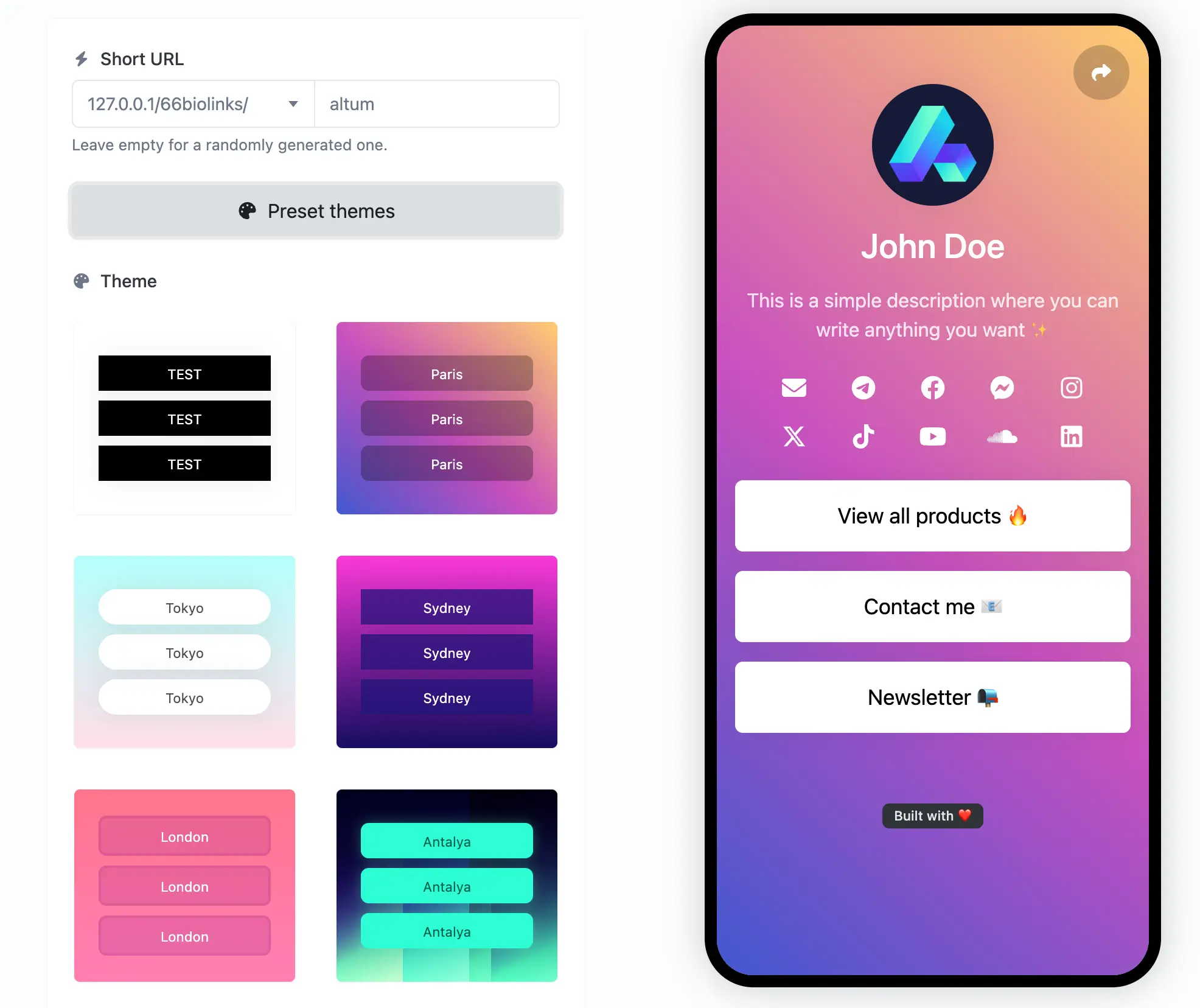 Uygulamadaki biolink düzenleme sayfasının ekran görüntüsü